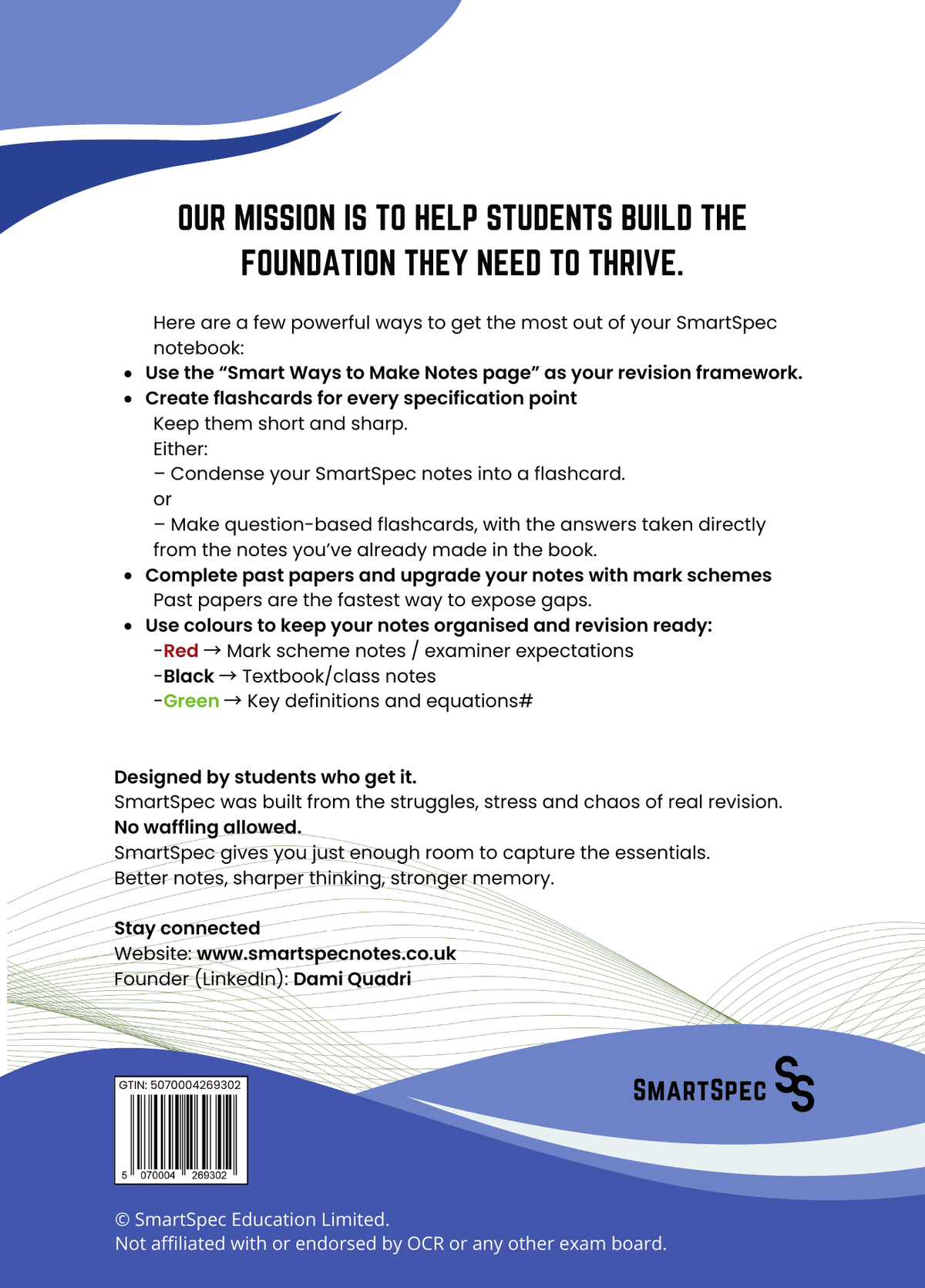 SmartSpec back cover with study tips, mission statement and product barcode