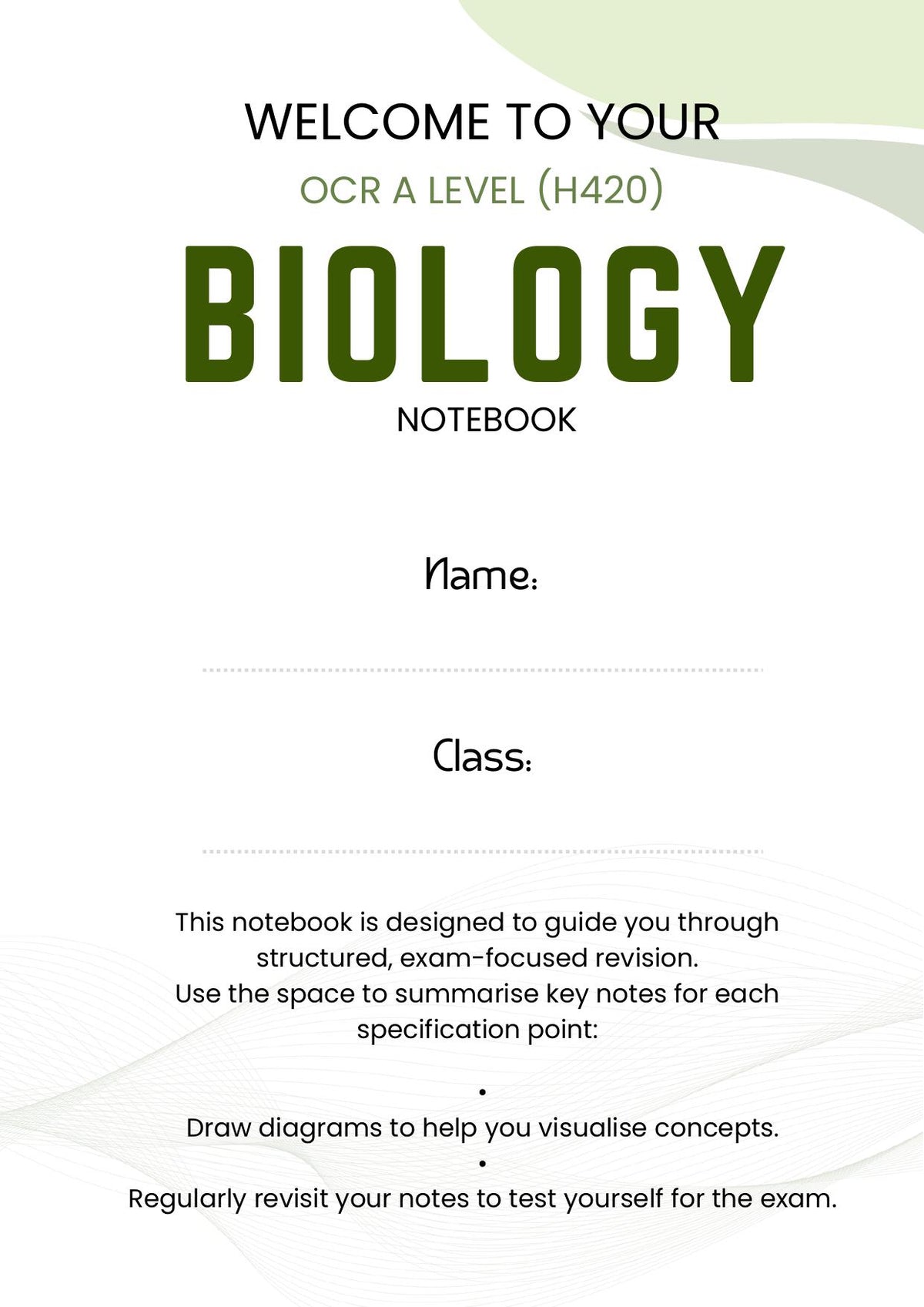 SmartSpec Biology notebook welcome page with name and class fields for personalisation