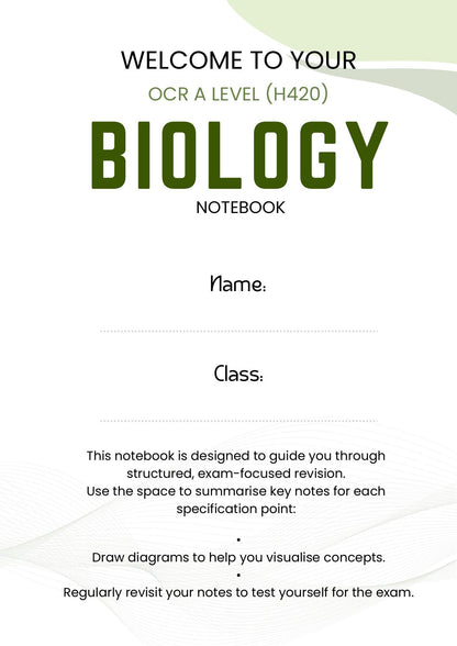 SmartSpec Biology notebook welcome page with name and class fields for personalisation