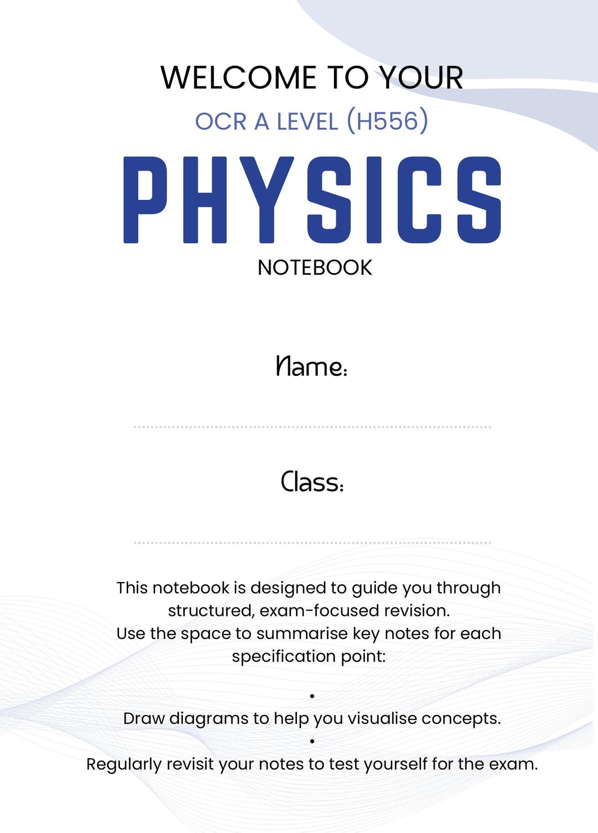 SmartSpec notebook welcome page with name and class fields for personalisation