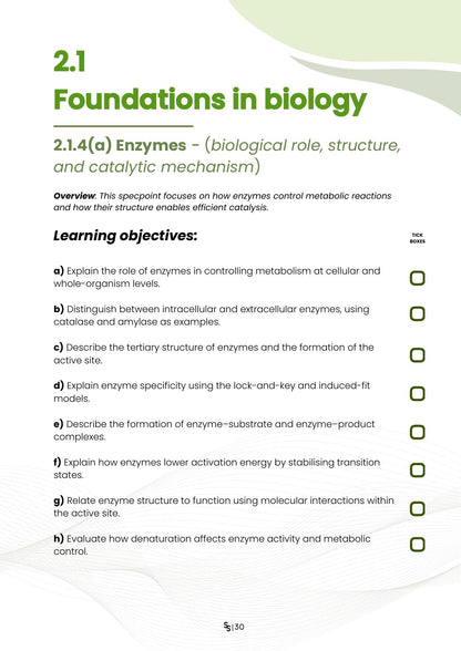 SmartSpec spec point page showing OCR A Biology learning objectives for enzymes
