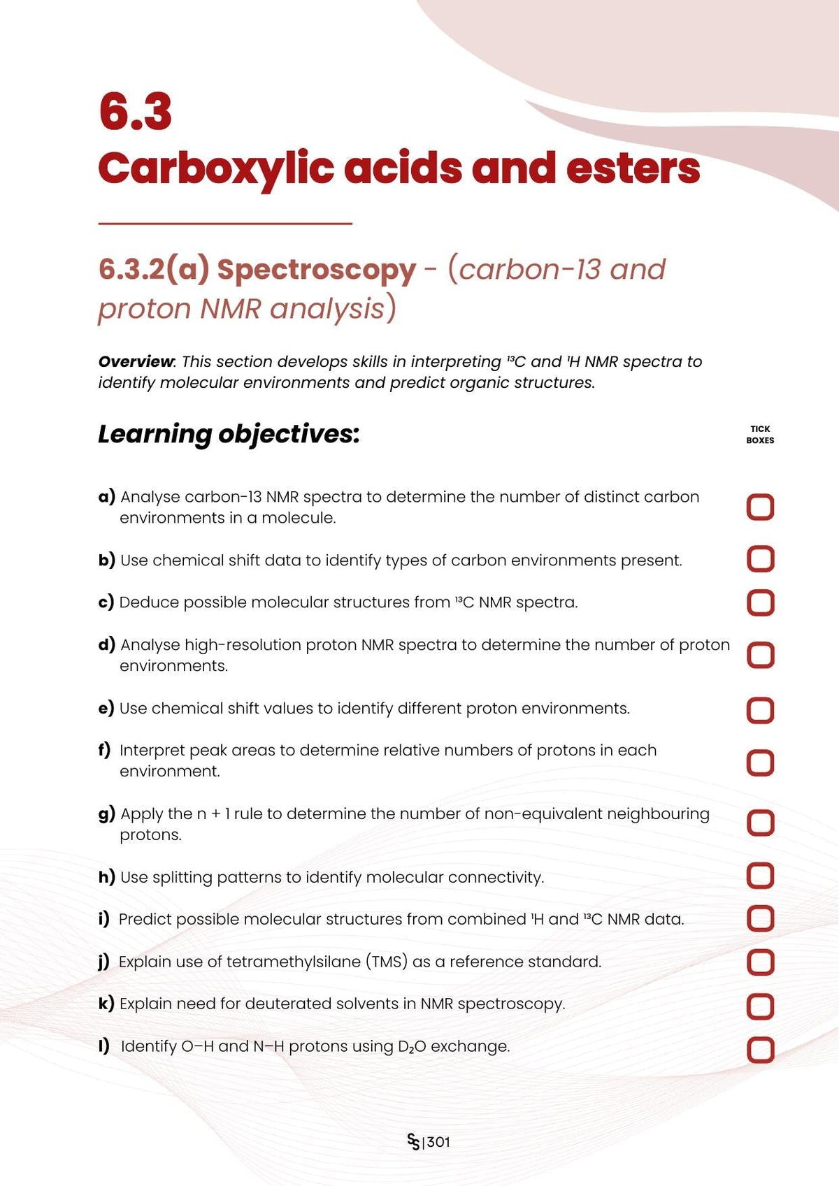 SmartSpec spec point page showing OCR A Chemistry learning objectives for carbon-13 and proton NMR spectroscopy