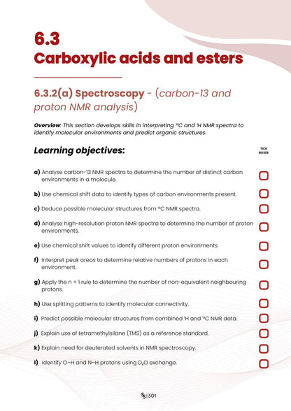 SmartSpec spec point page showing OCR A Chemistry learning objectives for carbon-13 and proton NMR spectroscopy