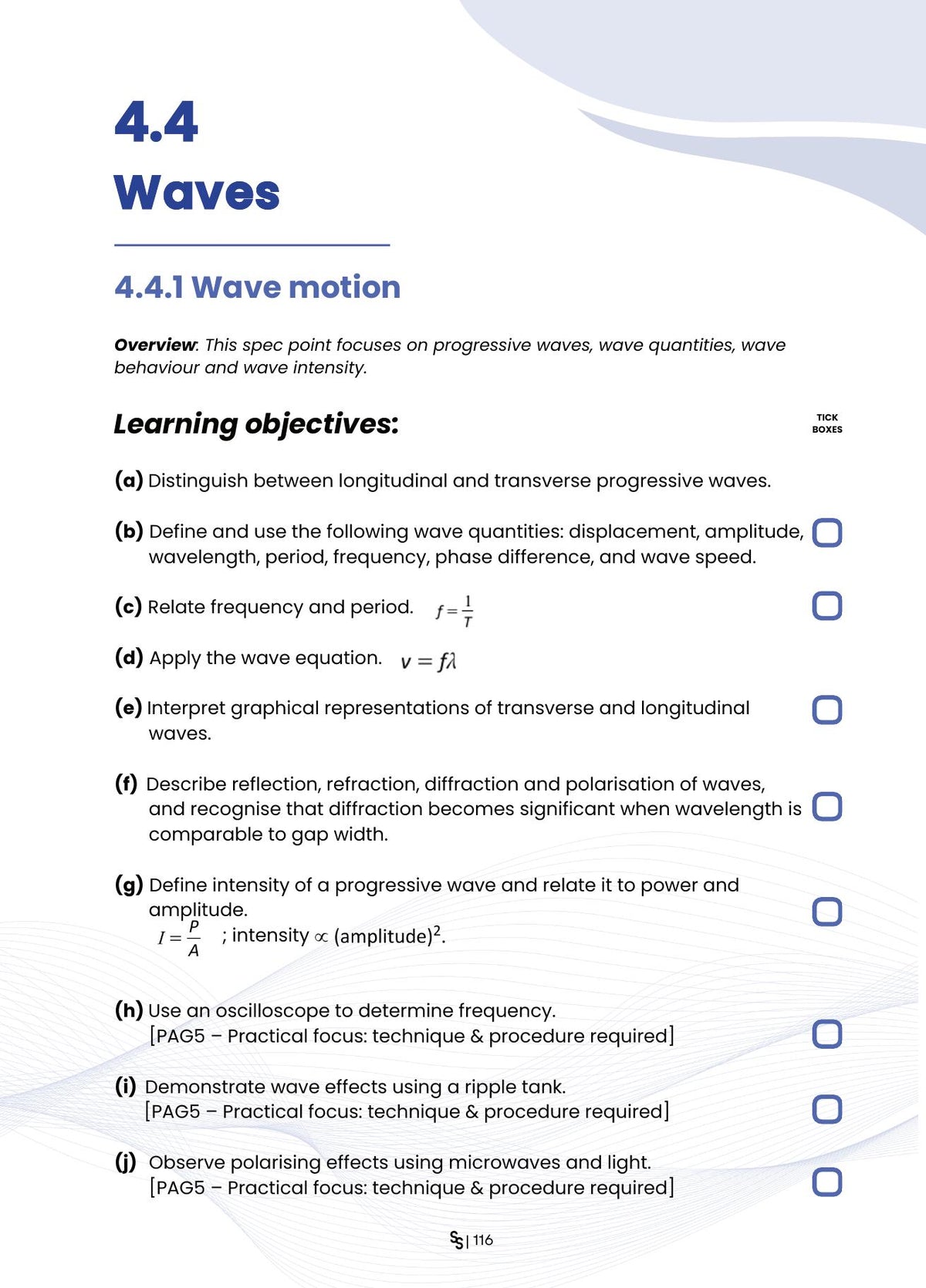 SmartSpec spec point page showing OCR A Physics learning objectives for wave motion