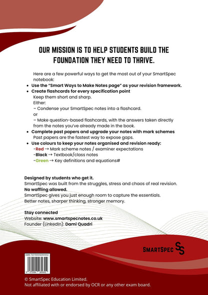SmartSpec back cover with study tips, mission statement and product barcode