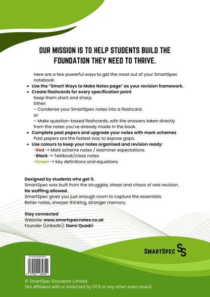 SmartSpec back cover with study tips, mission statement and product barcode